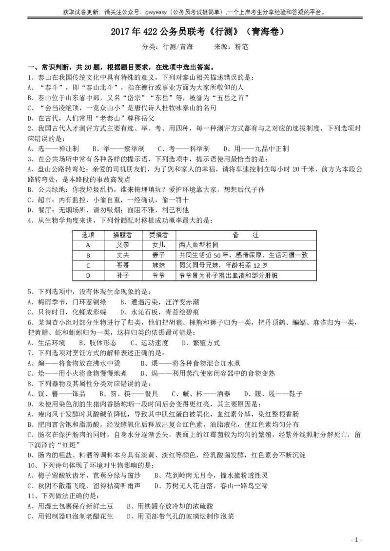 2017年422公务员联考《行测》真题（青海卷）_34省+国考真题_34省考+国考pdf版推荐用这个版本_34省行测+申论真题pdf推荐用这个版本_青海公务员考试真题pdf版_题目