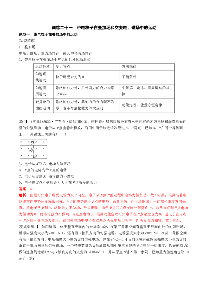训练二十一带电粒子在叠加场和交变电、磁场中的运动-备战2024年高考物理一轮复习专题复习与训练(解析版）_4.2025物理总复习_2024年新高考资料_3.2024专项复习
