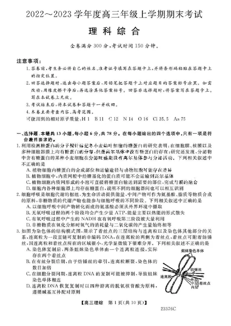 金科大联考2023高三年级期末考试理综(1)_4.2025物理总复习_2023年新高复习资料_3物理高考模拟题_新高考