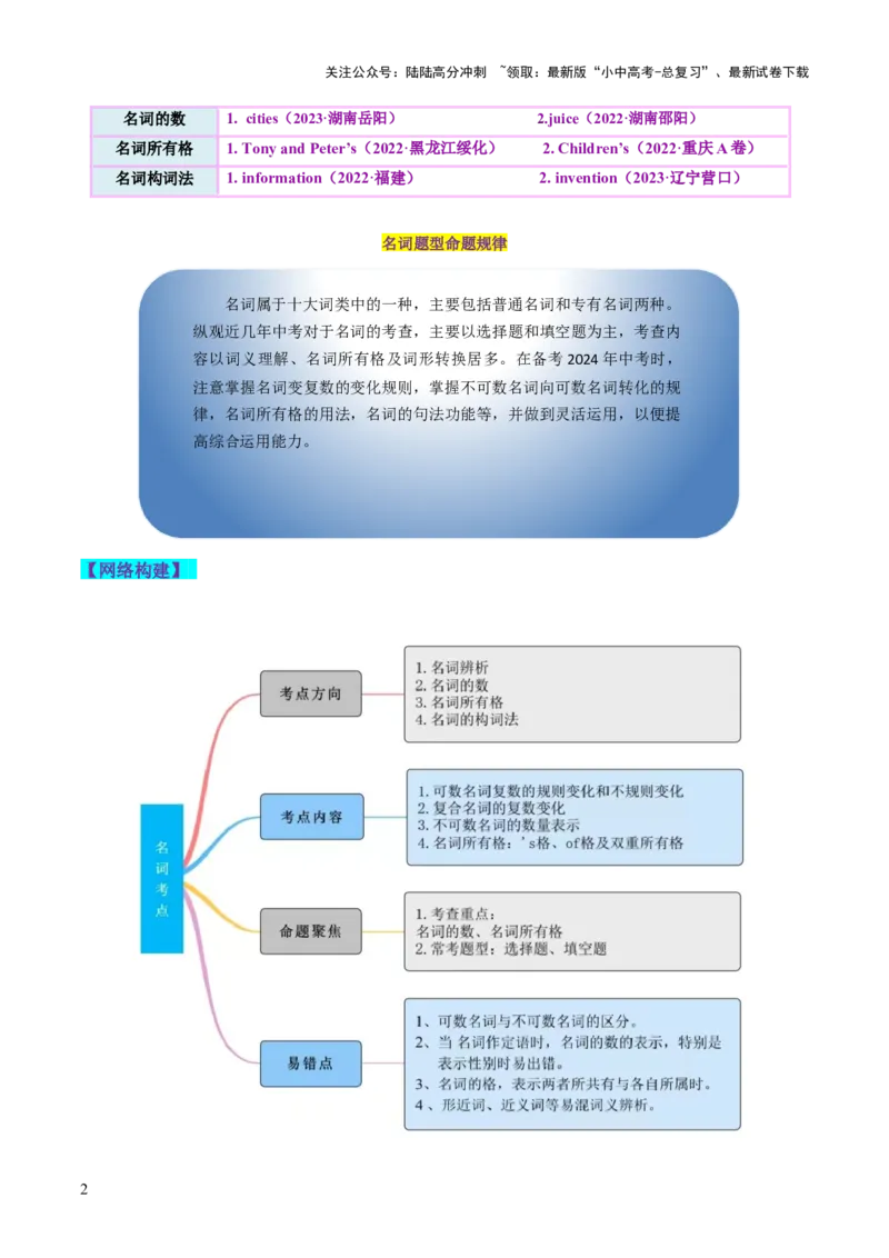 第01讲名词（讲义）-2024年中考英语一轮复习讲练测（全国通用）（教师版）_02中考总复习（2026版更新中）_03-英语-中考总复习_2024年中考复习资料_一轮复习_配套讲义（原卷版+解析版）
