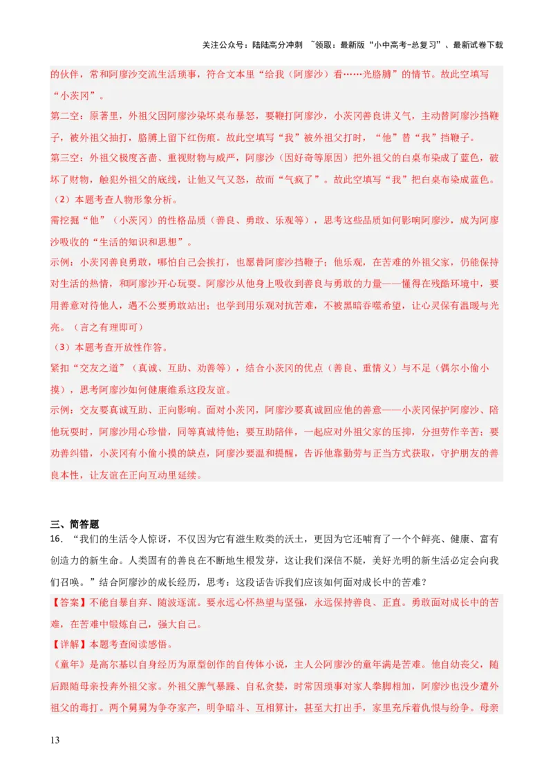 第01讲《童年》整本书阅读(练习）（解析版）_02中考总复习（2026版更新中）_01-语文-中考总复习_2026年中考复习（更新中）_2026年中考语文一轮复习名著阅读