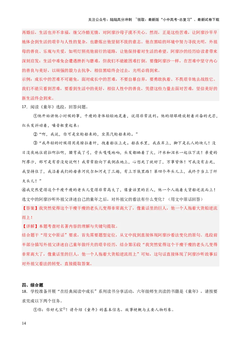 第01讲《童年》整本书阅读(练习）（解析版）_02中考总复习（2026版更新中）_01-语文-中考总复习_2026年中考复习（更新中）_2026年中考语文一轮复习名著阅读