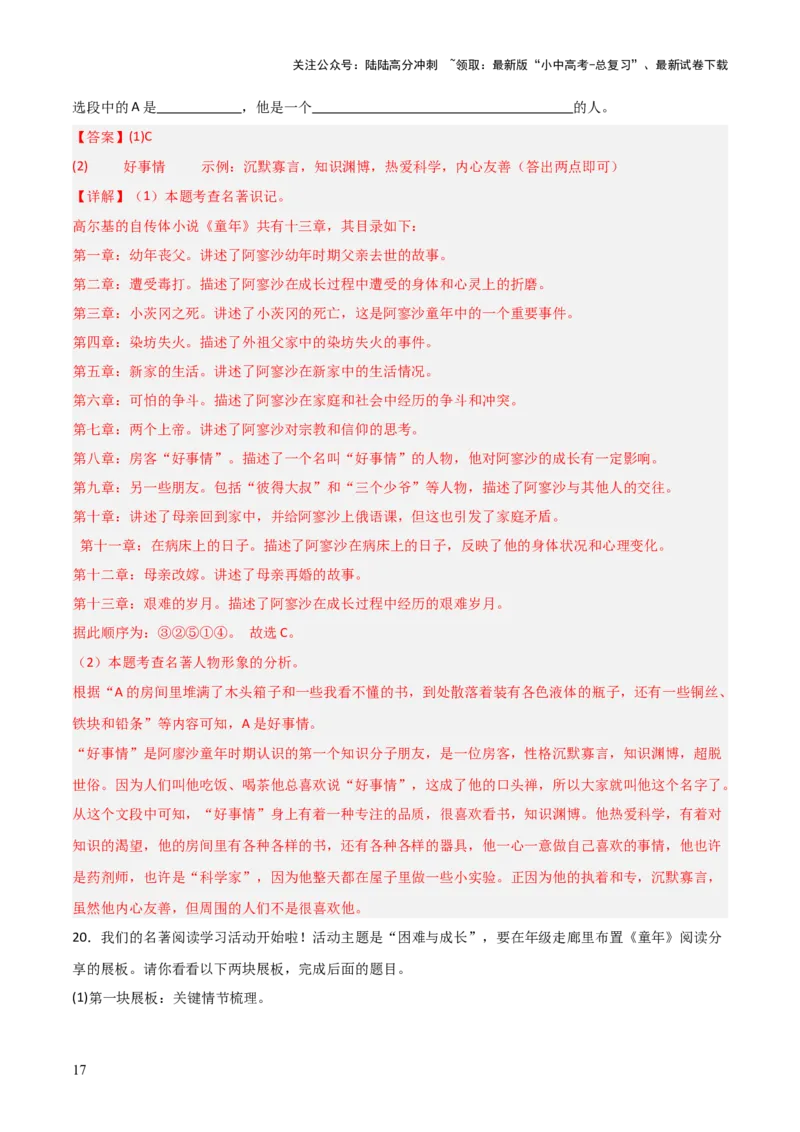 第01讲《童年》整本书阅读(练习）（解析版）_02中考总复习（2026版更新中）_01-语文-中考总复习_2026年中考复习（更新中）_2026年中考语文一轮复习名著阅读