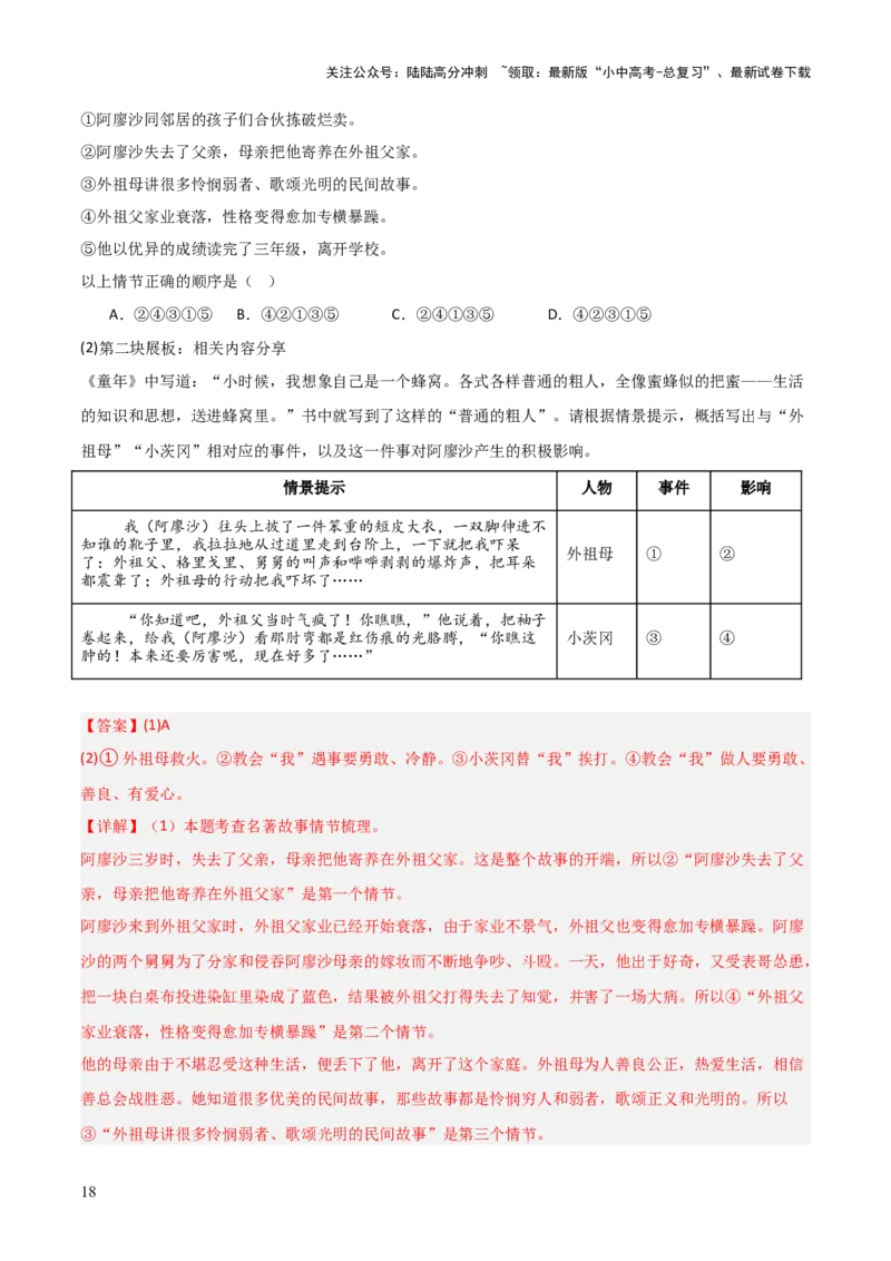 第01讲《童年》整本书阅读(练习）（解析版）_02中考总复习（2026版更新中）_01-语文-中考总复习_2026年中考复习（更新中）_2026年中考语文一轮复习名著阅读