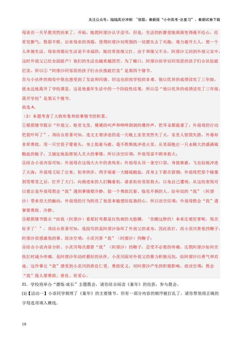 第01讲《童年》整本书阅读(练习）（解析版）_02中考总复习（2026版更新中）_01-语文-中考总复习_2026年中考复习（更新中）_2026年中考语文一轮复习名著阅读