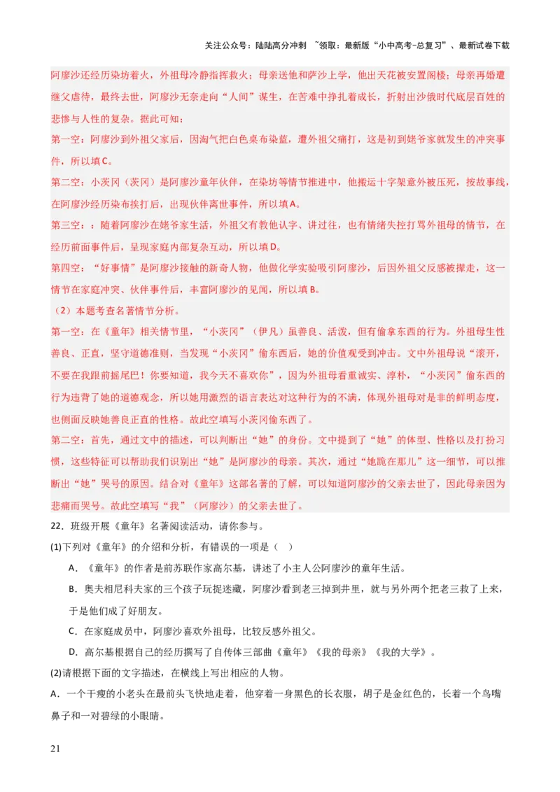 第01讲《童年》整本书阅读(练习）（解析版）_02中考总复习（2026版更新中）_01-语文-中考总复习_2026年中考复习（更新中）_2026年中考语文一轮复习名著阅读