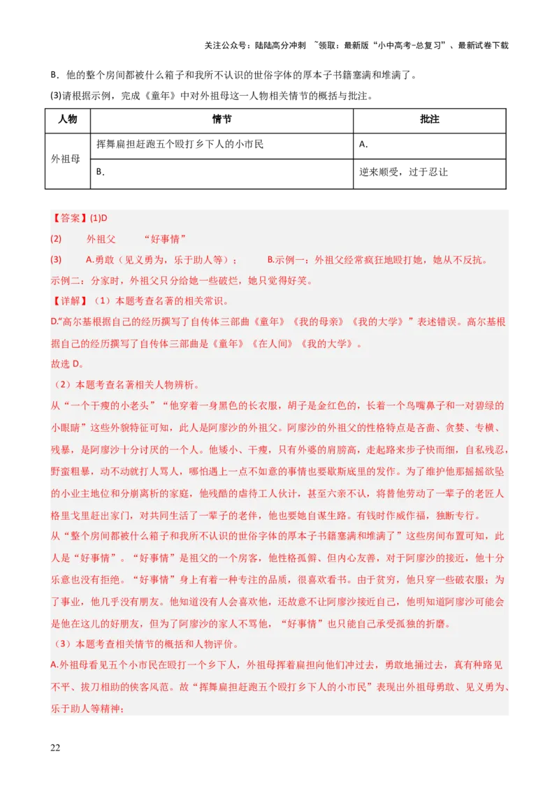 第01讲《童年》整本书阅读(练习）（解析版）_02中考总复习（2026版更新中）_01-语文-中考总复习_2026年中考复习（更新中）_2026年中考语文一轮复习名著阅读