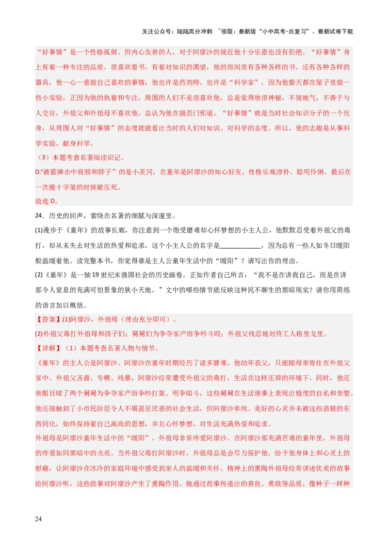 第01讲《童年》整本书阅读(练习）（解析版）_02中考总复习（2026版更新中）_01-语文-中考总复习_2026年中考复习（更新中）_2026年中考语文一轮复习名著阅读