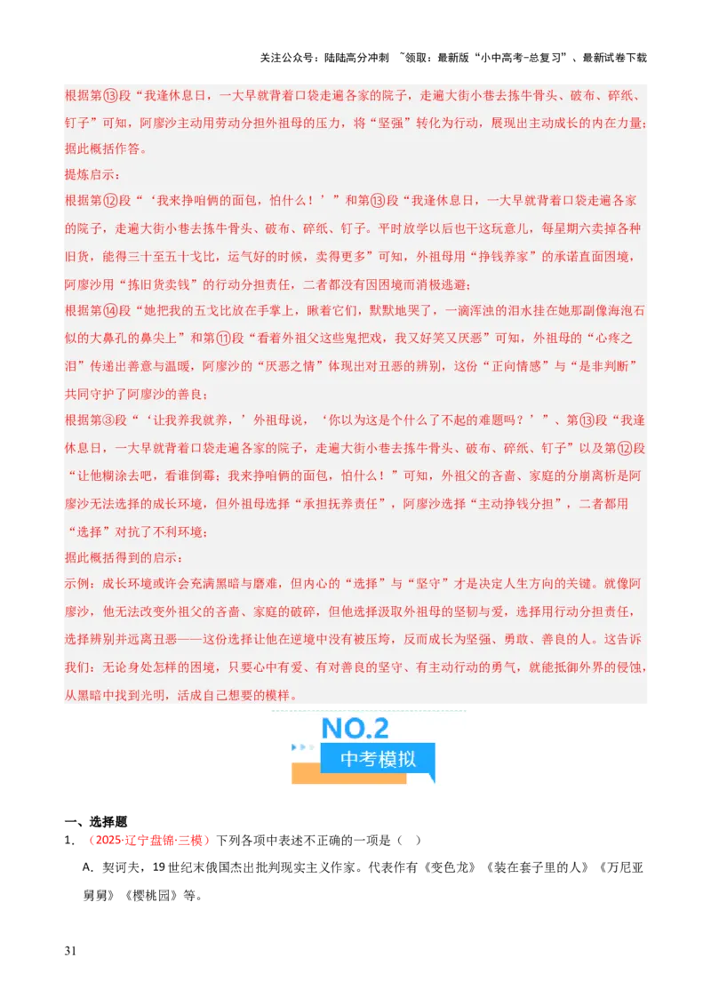 第01讲《童年》整本书阅读(练习）（解析版）_02中考总复习（2026版更新中）_01-语文-中考总复习_2026年中考复习（更新中）_2026年中考语文一轮复习名著阅读