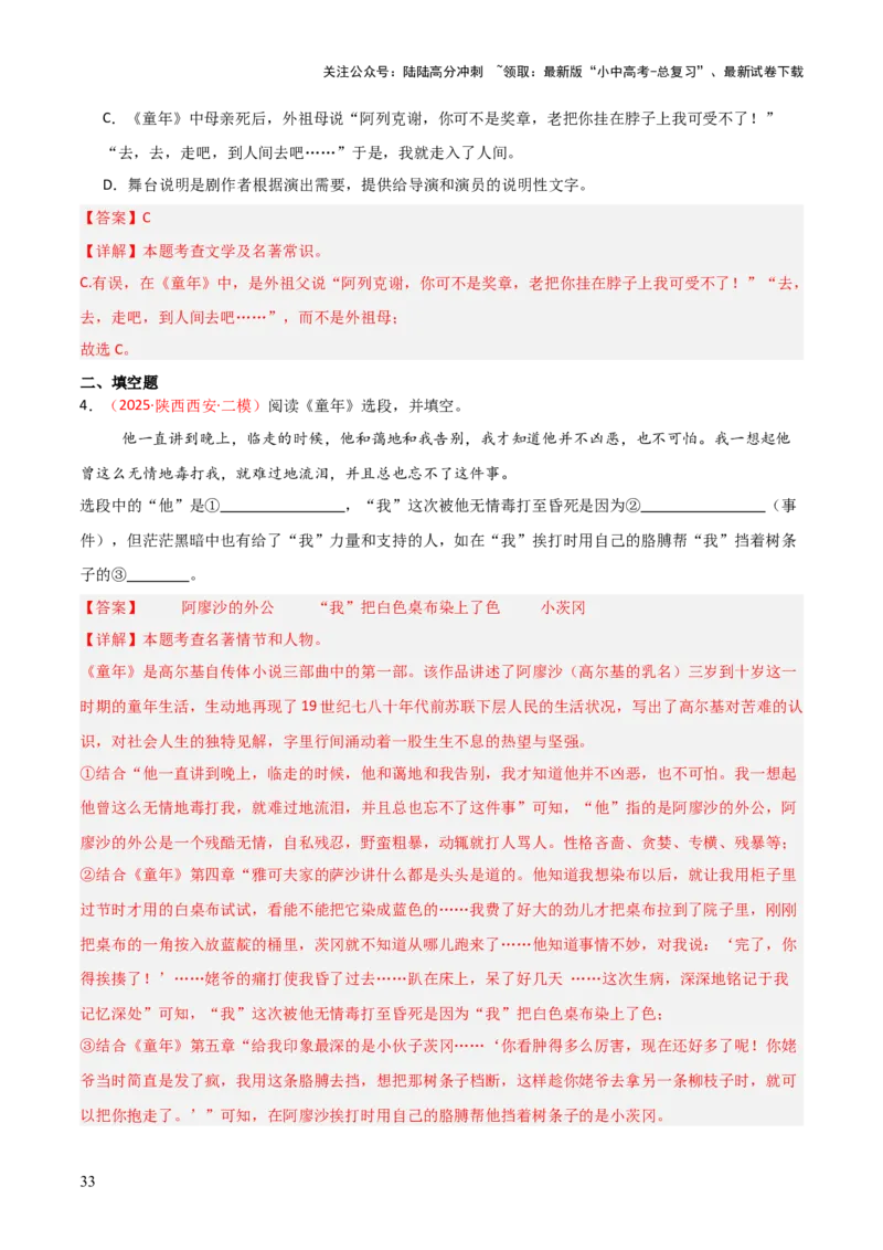 第01讲《童年》整本书阅读(练习）（解析版）_02中考总复习（2026版更新中）_01-语文-中考总复习_2026年中考复习（更新中）_2026年中考语文一轮复习名著阅读