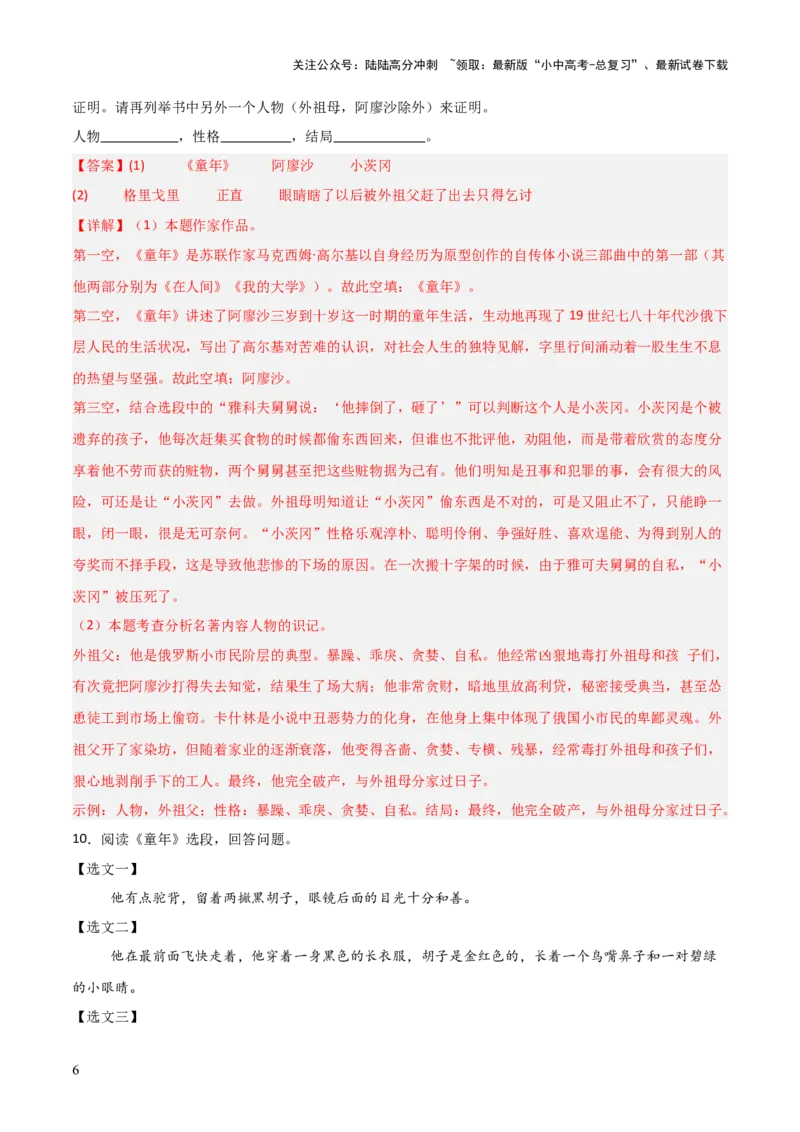 第01讲《童年》整本书阅读(练习）（解析版）_02中考总复习（2026版更新中）_01-语文-中考总复习_2026年中考复习（更新中）_2026年中考语文一轮复习名著阅读