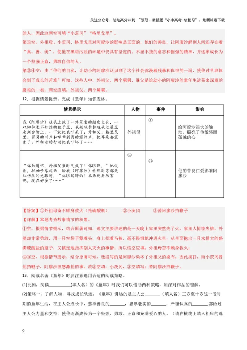 第01讲《童年》整本书阅读(练习）（解析版）_02中考总复习（2026版更新中）_01-语文-中考总复习_2026年中考复习（更新中）_2026年中考语文一轮复习名著阅读