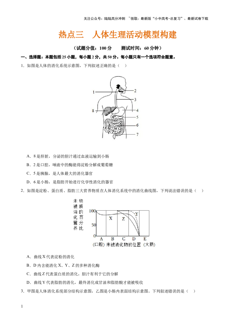 热点三人体生理活动模型构建（测试）（原卷版）_02中考总复习（2026版更新中）_08-生物-中考总复习_2025中考复习资料_2025中考二轮课件ppt+讲义+练习生物_测试