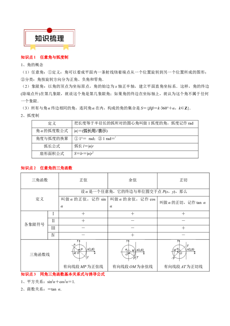 专题06三角函数的概念与公式（原卷版）_2.2025数学总复习_2024年新高考资料_1.2024一轮复习_2024年高考数学一轮复习知识清单（新高考专用）