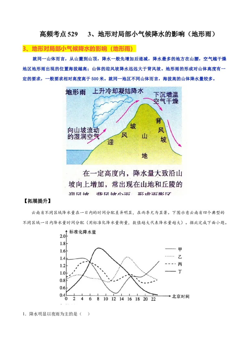 地理微考点：地形对局部小气候降水的影响（地形雨）-备战2023年高考总复习地理微考点狙击与专项突破_9.2025地理总复习_2023年新高考复习资料_专项复习