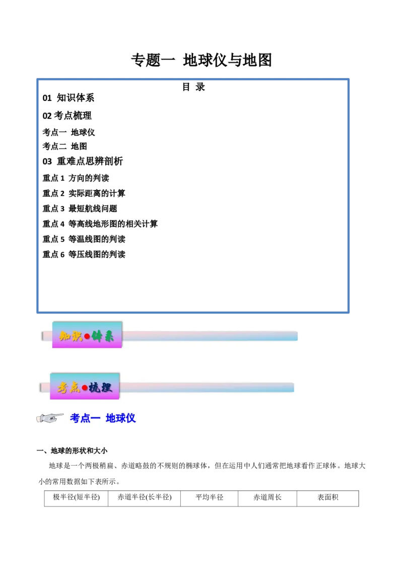 专题1地球仪与地图（讲义）（解析版）_9.2025地理总复习_2024年新高考资料_3.2024专项复习_备战2024年高考地理总复习专题考点+微专题集成讲练辑