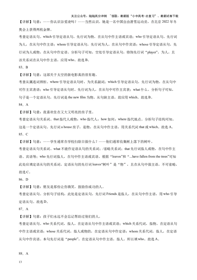 综合练13定语从句100题（六类题型全囊括）（解析版）_02中考总复习（2026版更新中）_03-英语-中考总复习_2024年中考复习资料_专项复习资料_语法宝典备战2024年中考英语语法培优生笔记