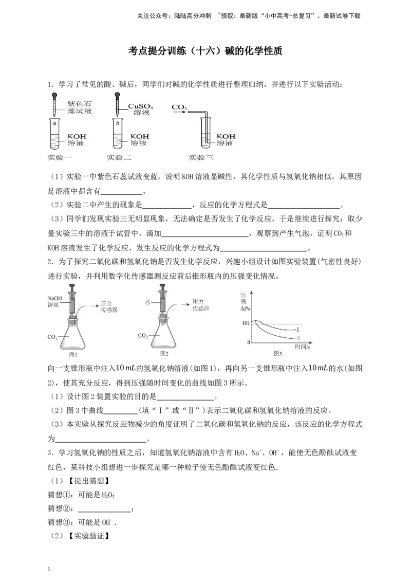 考点提分训练（十六）碱的化学性质_02中考总复习（2026版更新中）_05-化学-中考总复习_2026年中考复习（更新中）_中考化学满分密码：实验深度突破及考点提分训练