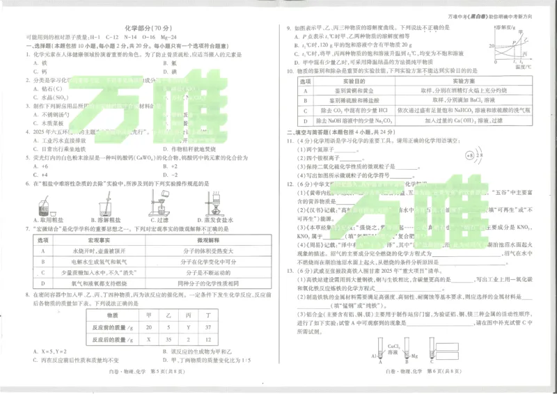 2025《万唯中考&bull;甘肃黑白卷》化学白卷_初中资料合集_2025《万唯中考&bull;黑白卷》多地方版（更30省）_2025《万唯中考&bull;黑白卷》7科全套（甘肃）