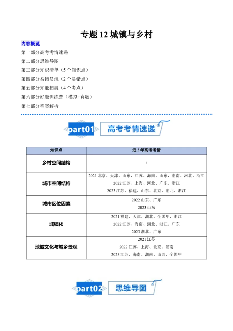 专题12城镇与乡村-口袋书2024年高考地理一轮复习知识清单_9.2025地理总复习_2024年新高考资料_1.2024一轮复习_2024年高考地理一轮复习知识清单