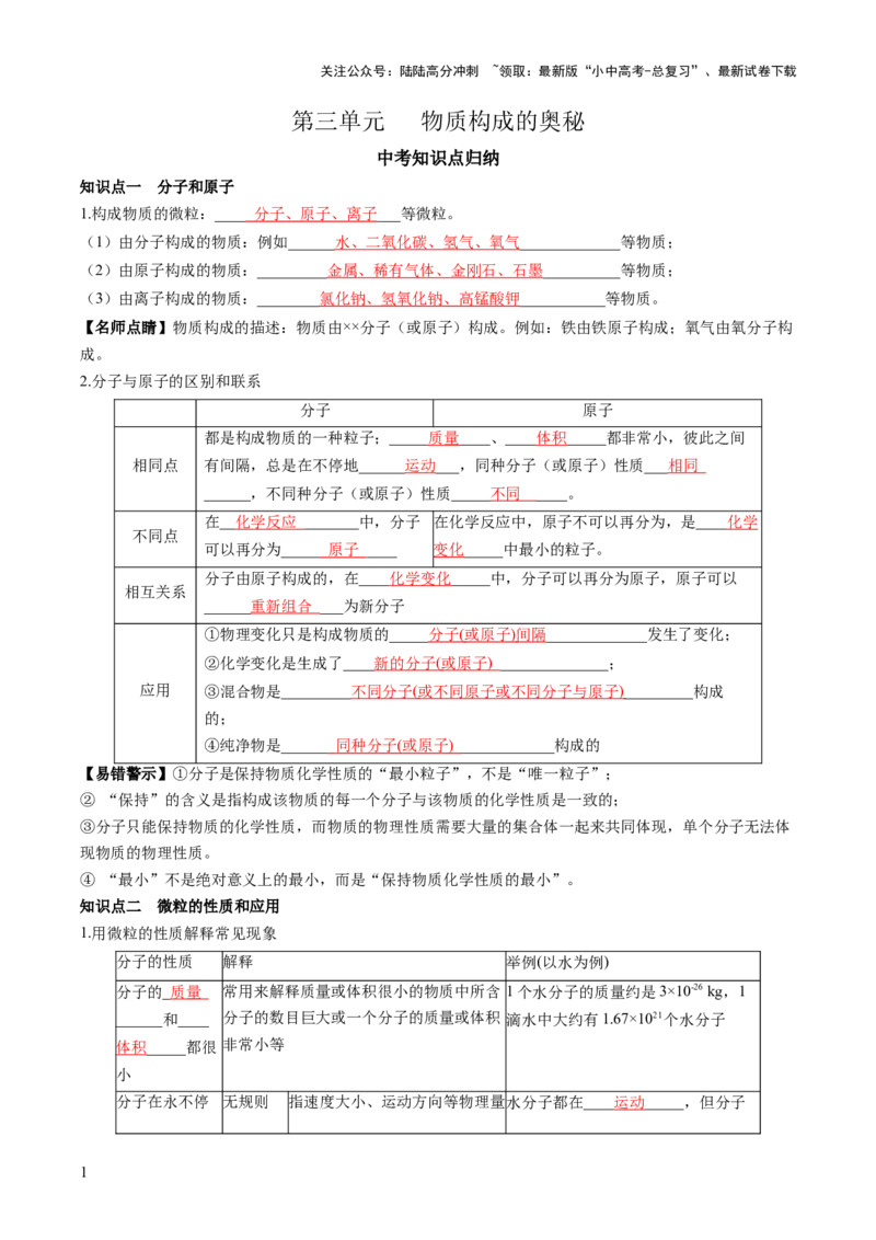 第三单元物质构成的奥秘-大单元复习2024年中考化学一轮复习必考知识梳理与考法点拨（人教版）（教师版）_02中考总复习（2026版更新中）_05-化学-中考总复习_2024年中考复习资料
