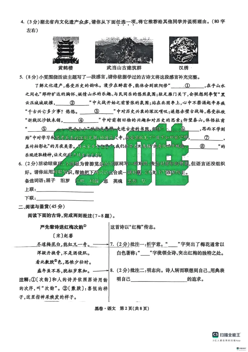 语文黑卷_初中资料合集_2025《万唯中考&bull;黑白卷》多地方版（更30省）_2025《万唯中考&bull;黑白卷》7科全套（湖北）_语文