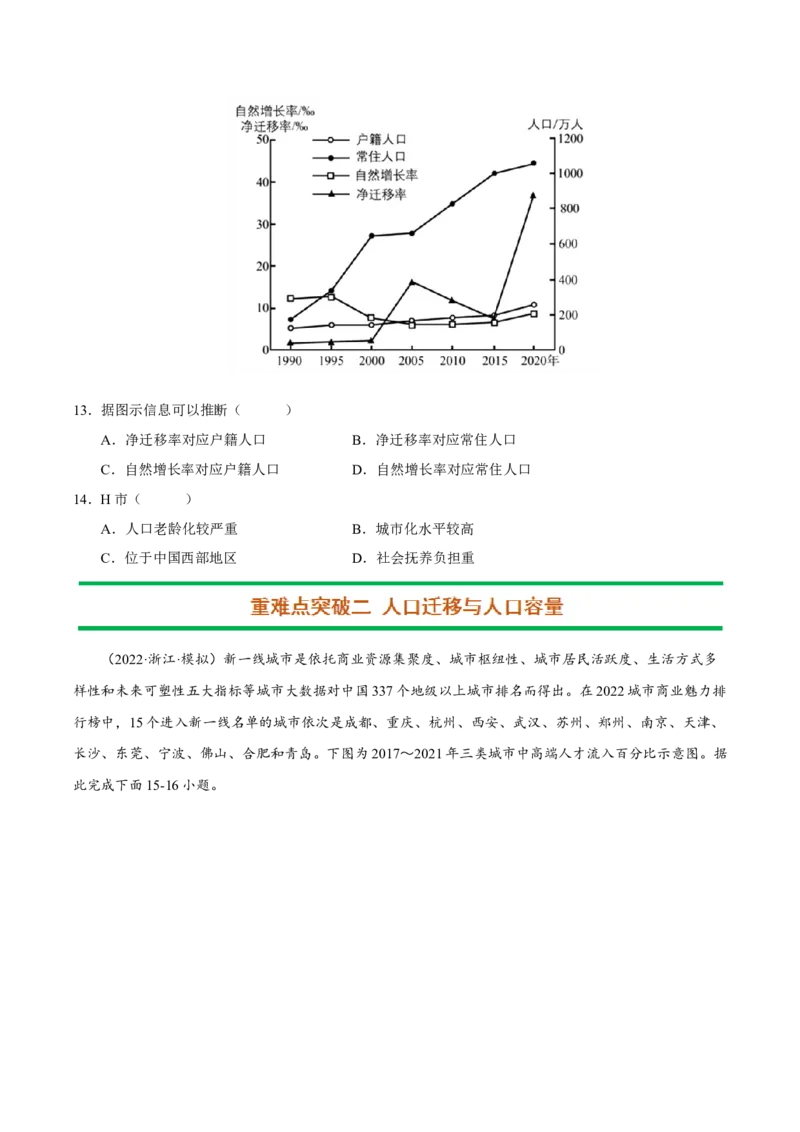 专题07人口与城镇化（原卷版）-抓重点&middot;破难点2023年高考地理二轮复习重难点突破高分训练营_9.2025地理总复习_2023年新高考复习资料_二轮复习