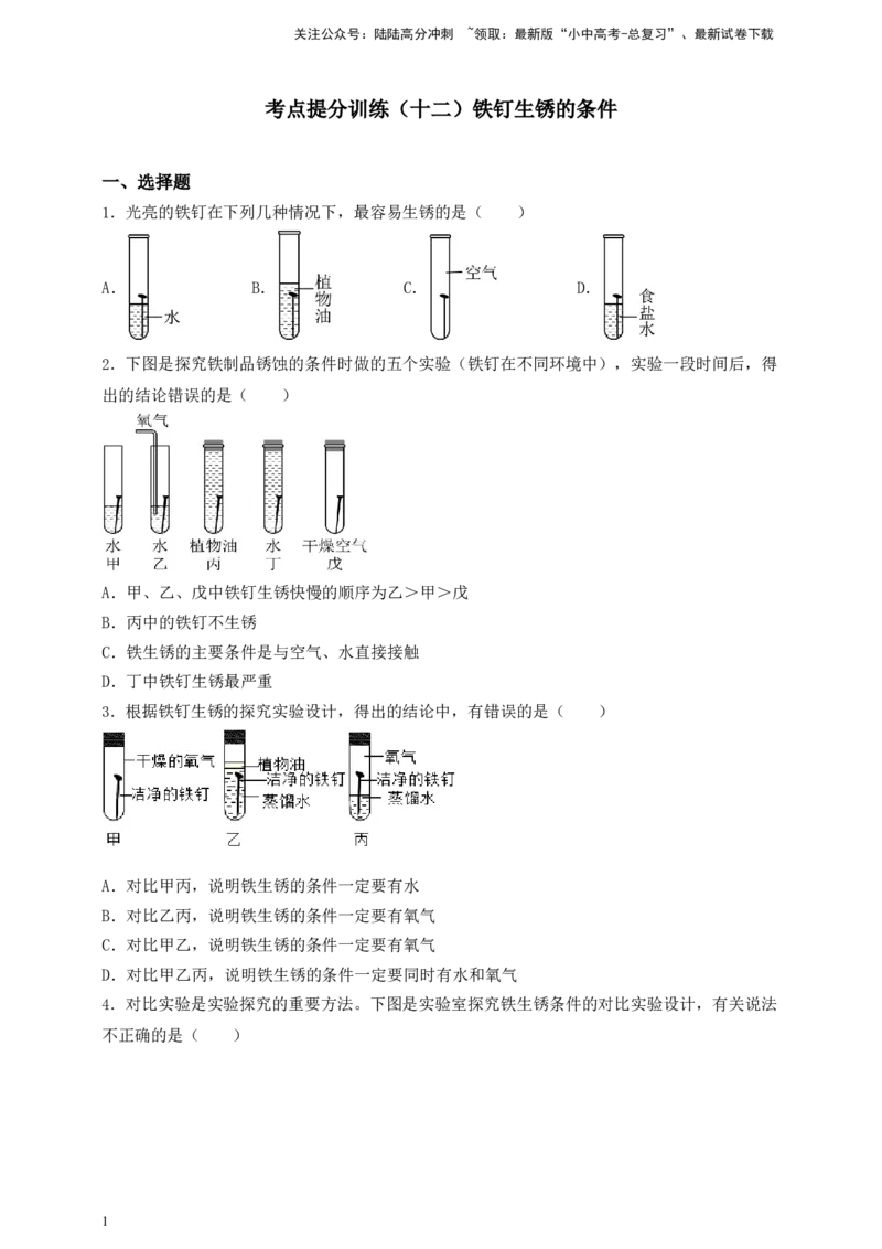 考点提分训练（十二）铁钉生锈的条件_02中考总复习（2026版更新中）_05-化学-中考总复习_2026年中考复习（更新中）_中考化学满分密码：实验深度突破及考点提分训练