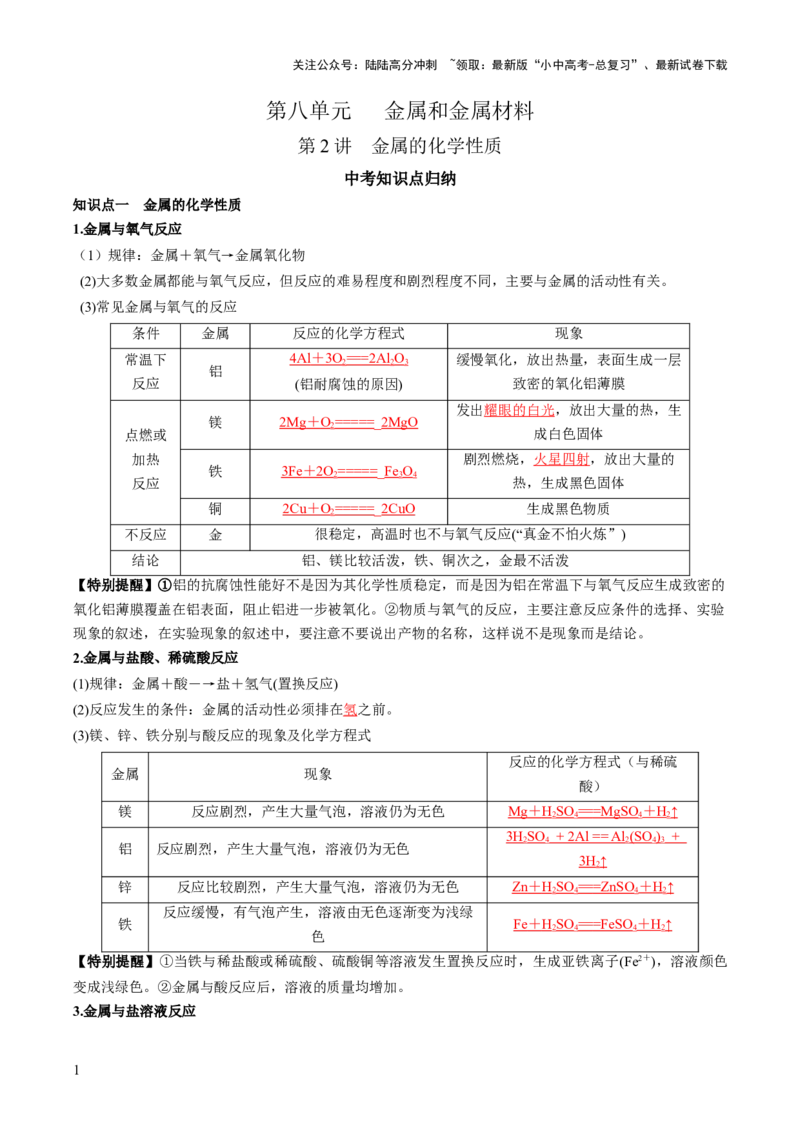 第八单元金属和金属材料第2讲-大单元复习2024年中考化学一轮复习必考知识梳理与考法点拨（人教版）（教师版）_02中考总复习（2026版更新中）_05-化学-中考总复习_一轮复习资料