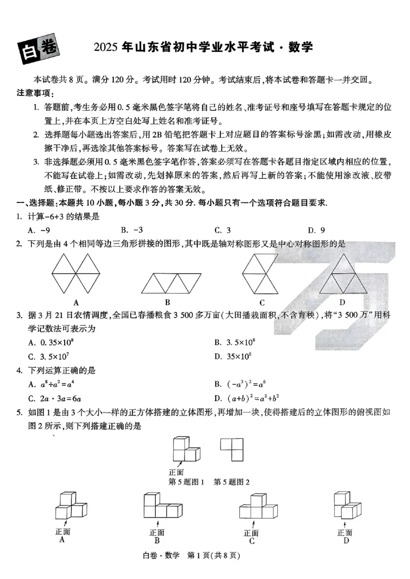 数学_白卷_初中资料合集_2025《万唯中考&bull;黑白卷》多地方版（更30省）_2025《万唯中考&bull;黑白卷》语文、数学、物理、化学、道法（山东）_数学