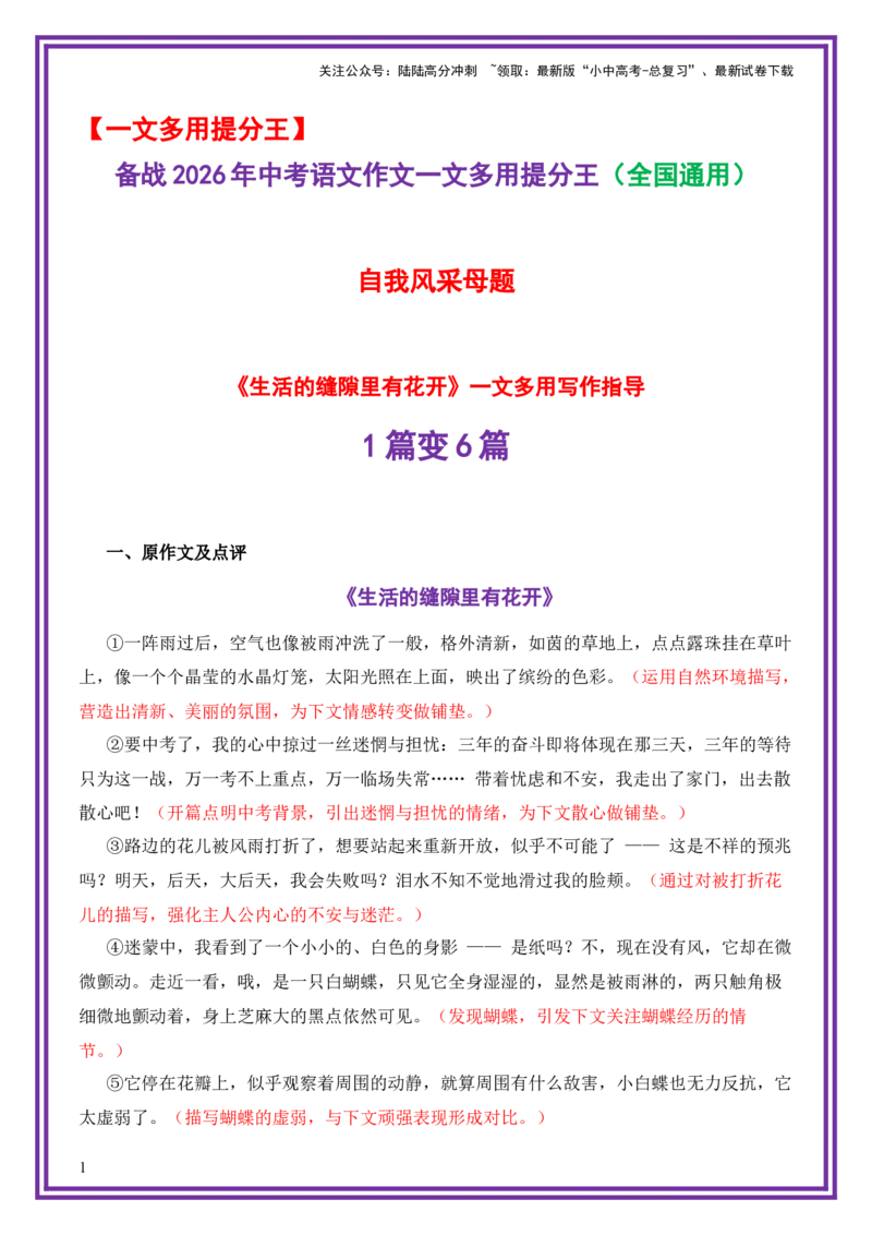 自我风采母题《生活的缝隙里有花开》一文多用提分王（1篇变6篇）-备战2026年中考语文作文一文多用提分王（全国通用）_02中考总复习（2026版更新中）_01-语文-中考总复习
