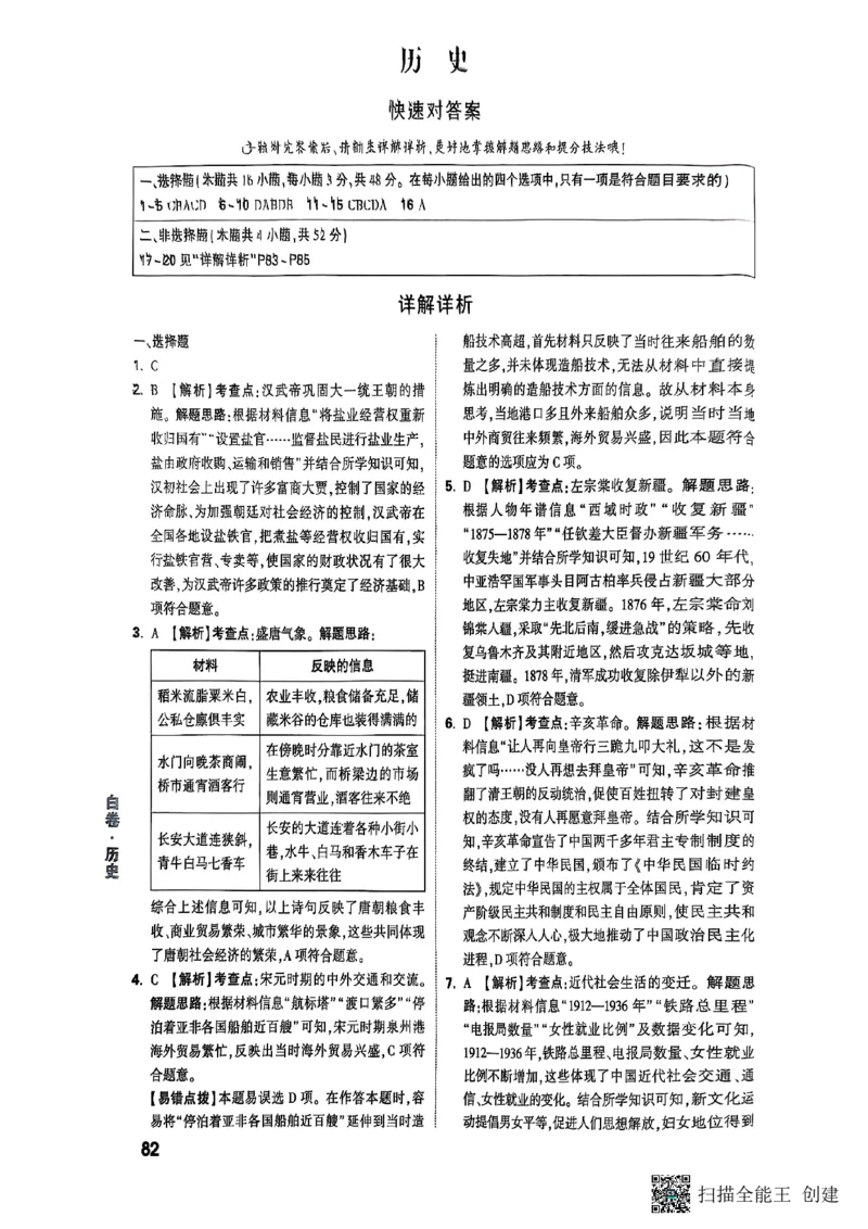 答案_初中资料合集_2025《万唯中考&bull;黑白卷》多地方版（更30省）_2025《万唯中考&bull;黑白卷》7科全套（湖南）
