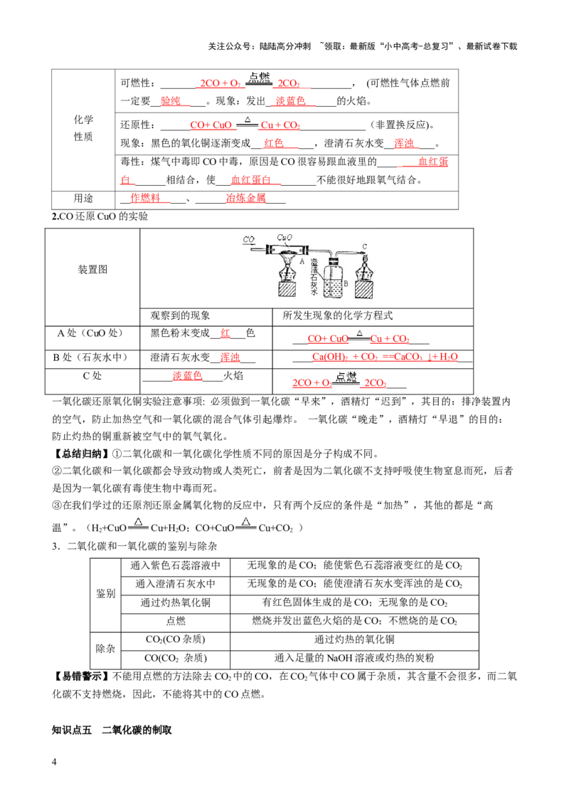 第六单元碳和碳氧化物-大单元复习2024年中考化学一轮复习必考知识梳理与考法点拨（人教版）（教师版）_02中考总复习（2026版更新中）_05-化学-中考总复习_2024年中考复习资料