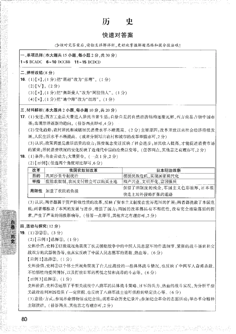 中考黑白卷-答案解析_84-88_初中资料合集_2025《万唯中考&bull;黑白卷》多地方版（更30省）_2025《万唯中考&bull;黑白卷》7科全套（安徽）_黑白卷-分开版_黑白卷-历史