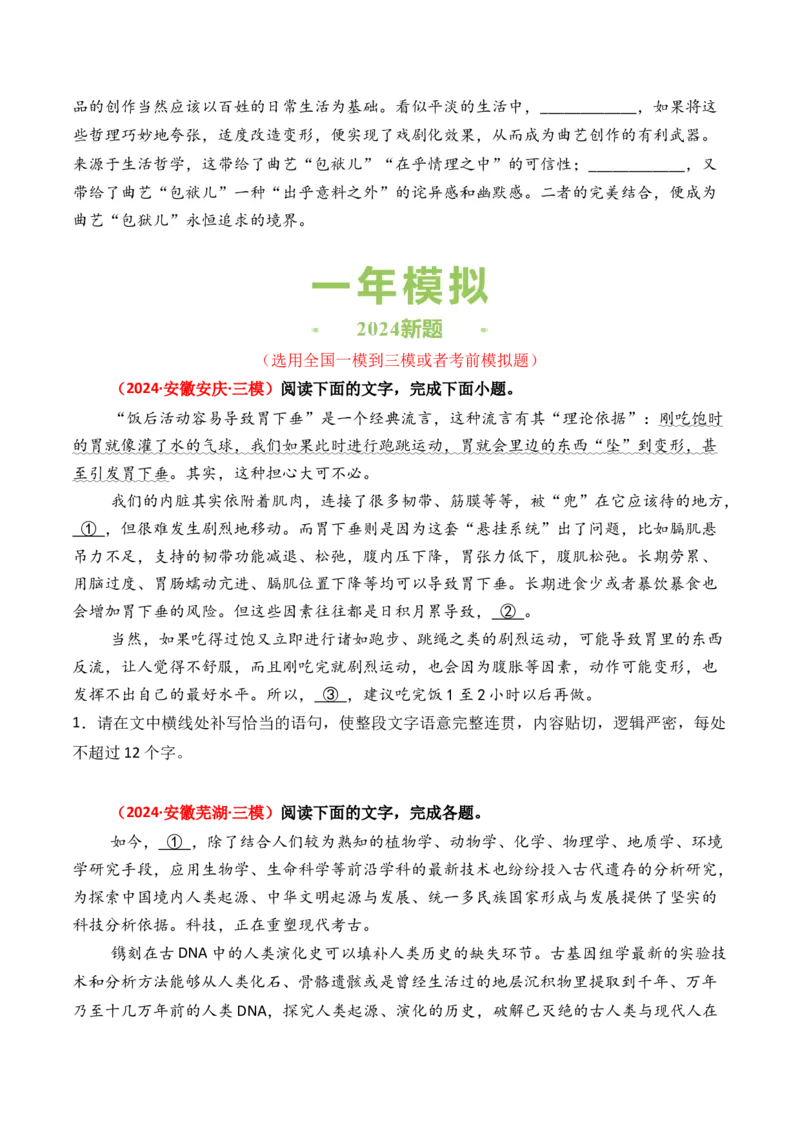 专题06补写句子-3年（2022-2024）高考1年模拟语文真题分类汇编（全国通用）（原卷版）_1.2025语文总复习_2025年新高考资料_专项复习