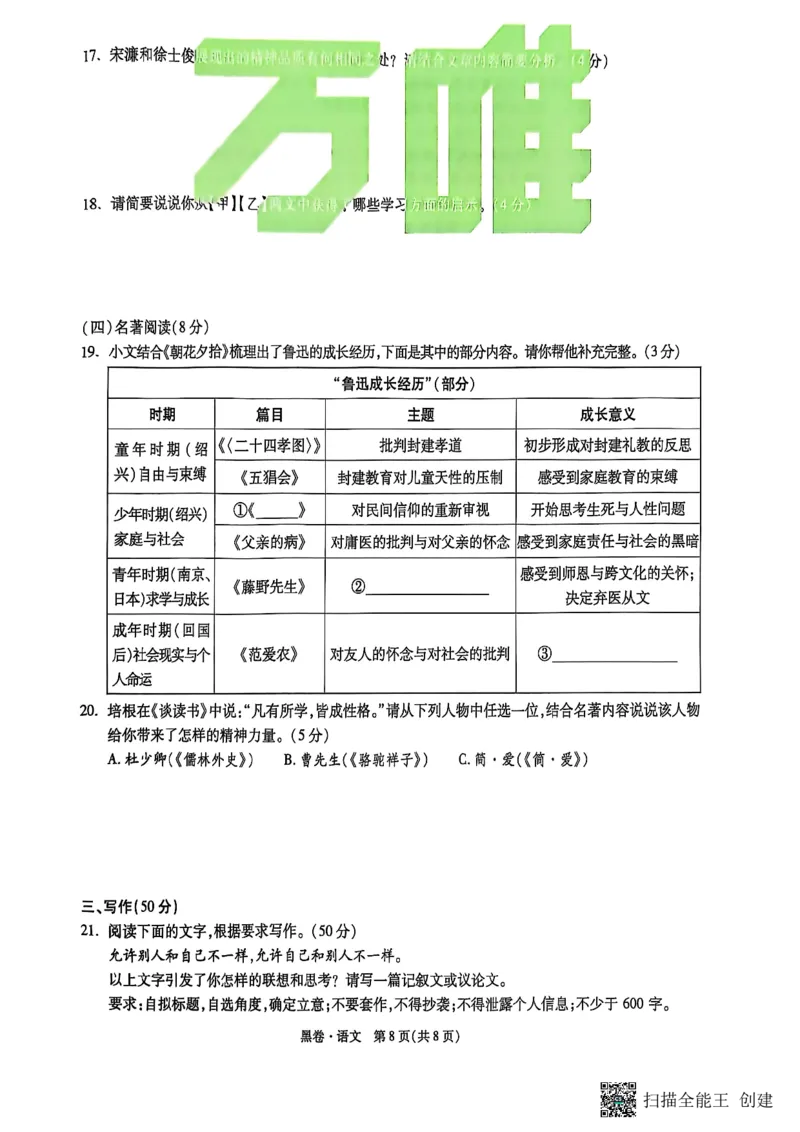 语文黑卷_初中资料合集_2025《万唯中考&bull;黑白卷》多地方版（更30省）_2025《万唯中考&bull;黑白卷》7科全套（湖南）