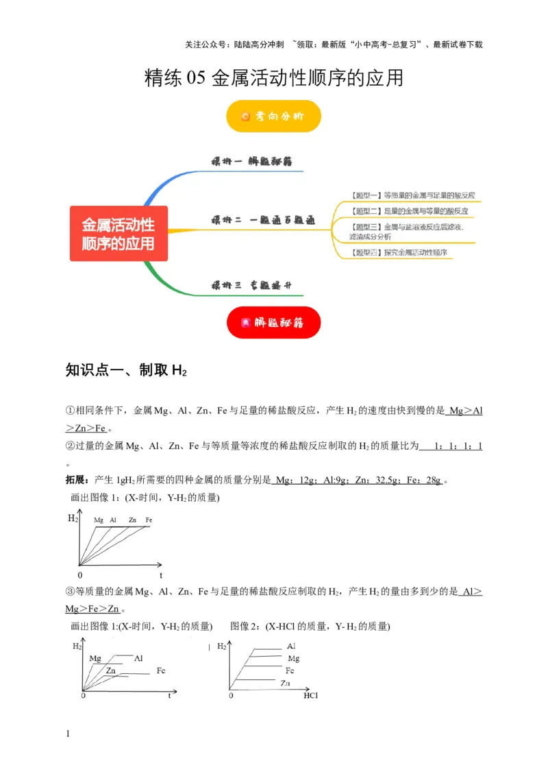 精练05金属活动性顺序的应用（解析版）_02中考总复习（2026版更新中）_05-化学-中考总复习_2024年中考复习资料_二轮复习资料_2024年中考化学二轮题型突破限时精练