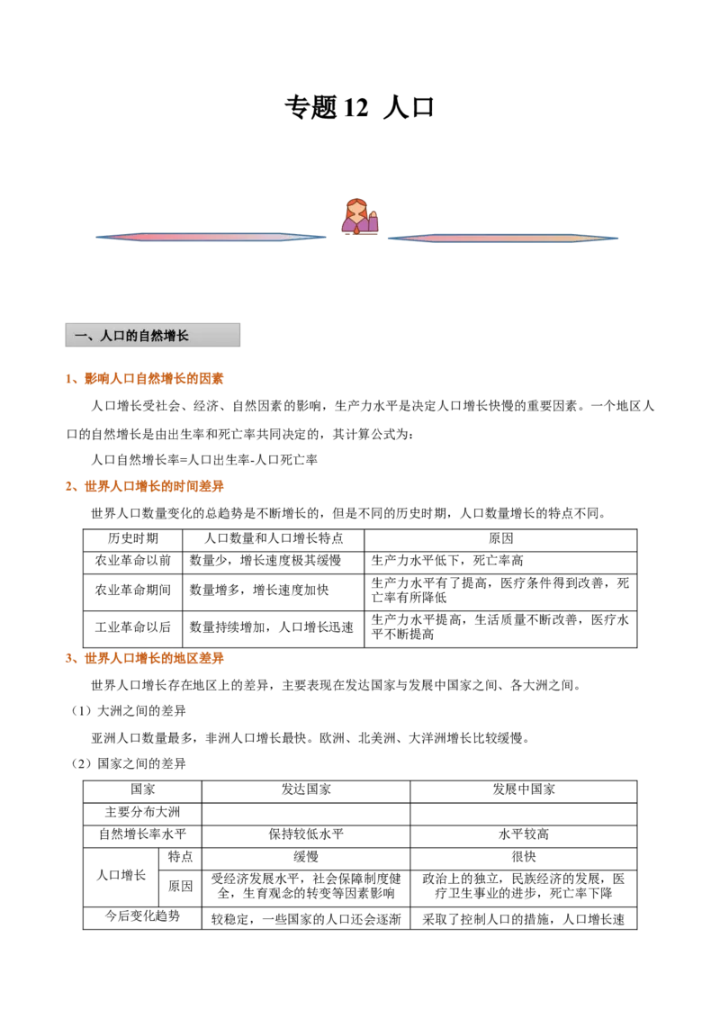 专题12人口-备战2023年高考地理一轮复习精讲精练（解析版）_9.2025地理总复习_2023年新高考复习资料_一轮复习_备战2023年高考地理一轮复习精讲精练