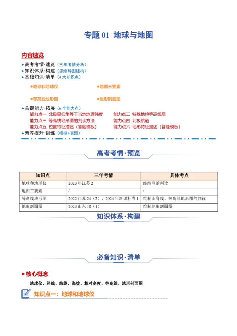 专题01+地球与地图（思维导图+4大知识点+6个能力拓展）-2025年高考地理一轮复习知识清单_9.2025地理总复习_2025年新高考资料_一轮复习_2025年高考地理一轮复习知识清单