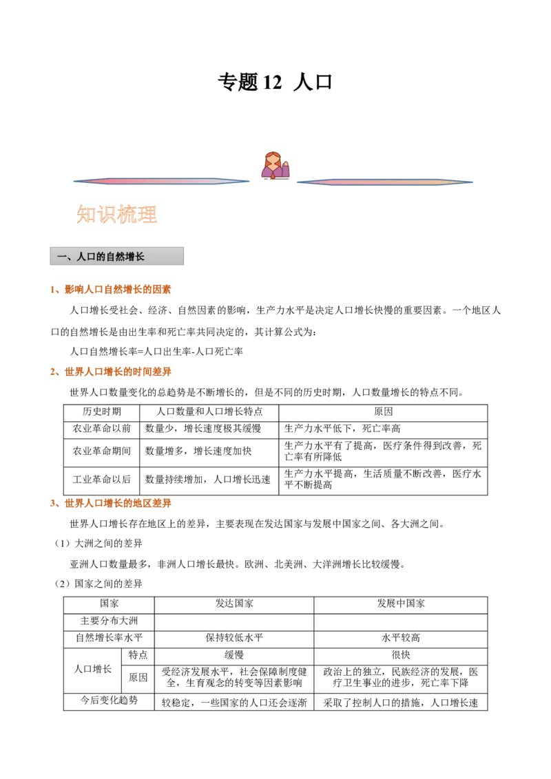 专题12人口-备战2023年高考地理一轮复习精讲精练（解析版）_9.2025地理总复习_赠品通用版（老高考）复习资料_一轮复习_备战2023年高考地理一轮复习精讲精练
