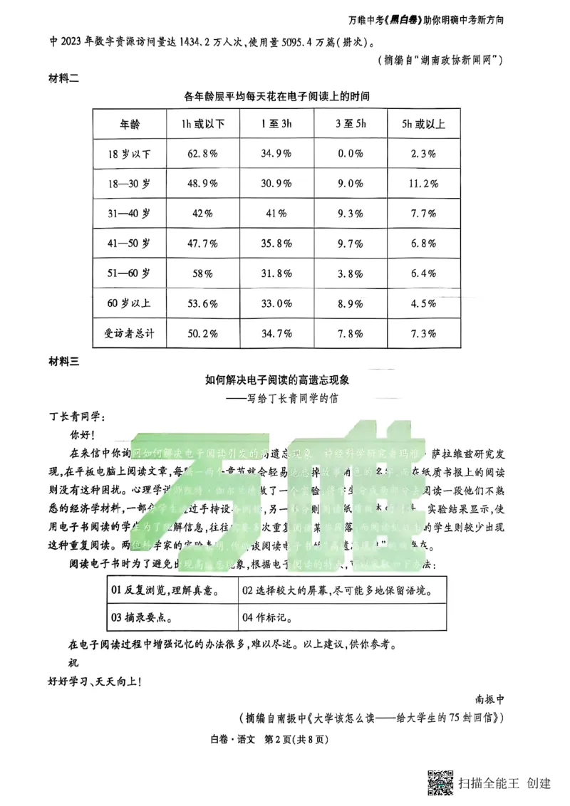 语文白卷_初中资料合集_2025《万唯中考&bull;黑白卷》多地方版（更30省）_2025《万唯中考&bull;黑白卷》7科全套（湖南）