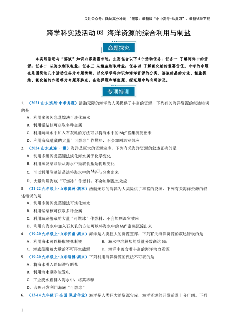 跨学科实践活动08海洋资源的综合利用与制盐（原卷版）_02中考总复习（2026版更新中）_05-化学-中考总复习_2025年中考复习资料_跨学科实践备战2025年中考化学命题专项突破