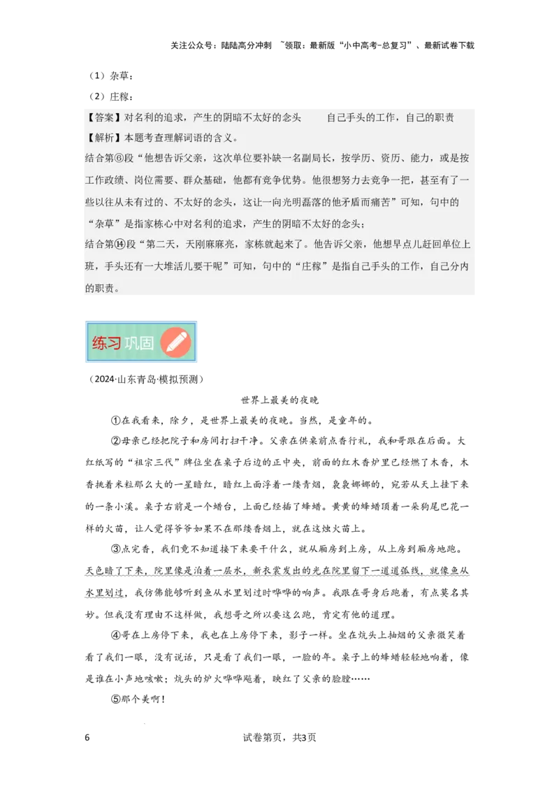 词语的理解及赏析（专项训练）（原卷版）_02中考总复习（2026版更新中）_01-语文-中考总复习_2025年中考资料_备战2025年中考语文一轮复习记叙文阅读课件+专项练习_专项练习