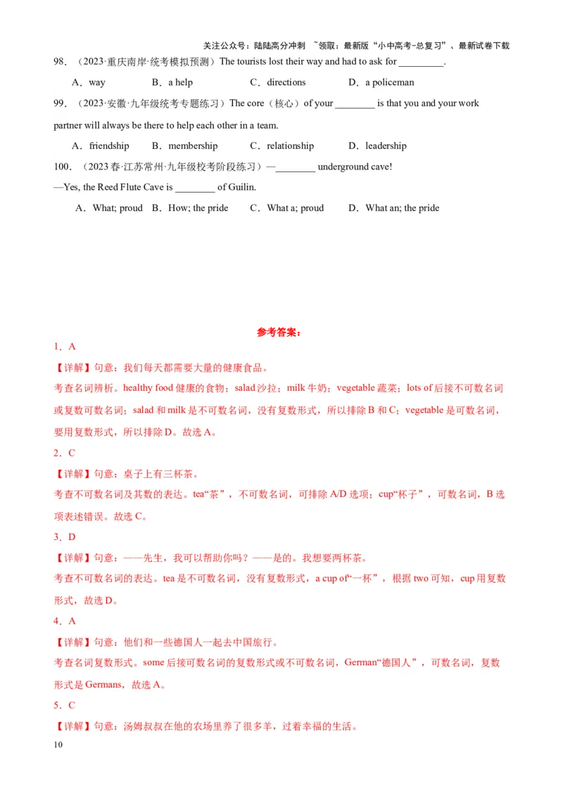 综合练06名词与冠词（11种题型100题）（解析版）_02中考总复习（2026版更新中）_03-英语-中考总复习_2024年中考复习资料_专项复习资料_语法宝典备战2024年中考英语语法培优生笔记