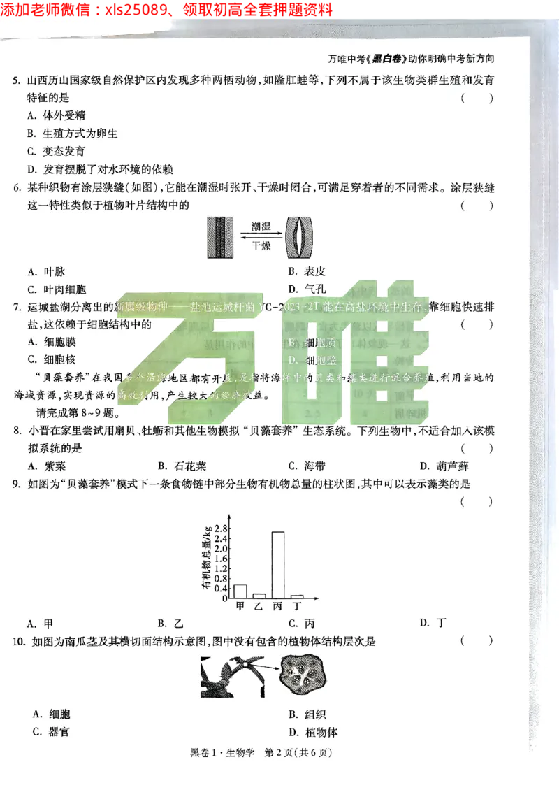 黑卷1生物学_初中资料合集_万唯2025万唯中考《黑白卷-地生》多地版本（已更12省）_2025《万唯中考&bull;黑白卷》地生（山西）