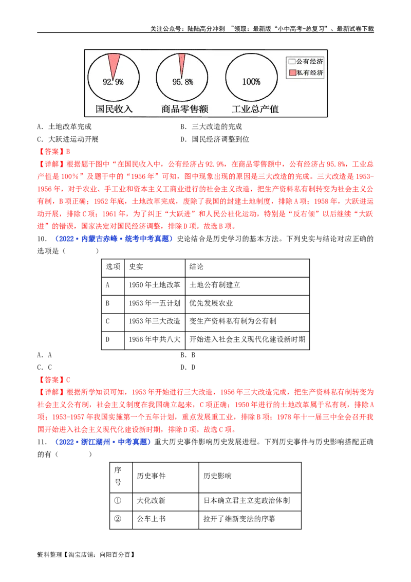 第5课三大改造（解析版）_02中考总复习（2026版更新中）_06-历史-中考总复习_2024年中考复习资料_专项复习资料_完三年（2021-2023）中考历史真题分项汇编（全国通用）_解析版