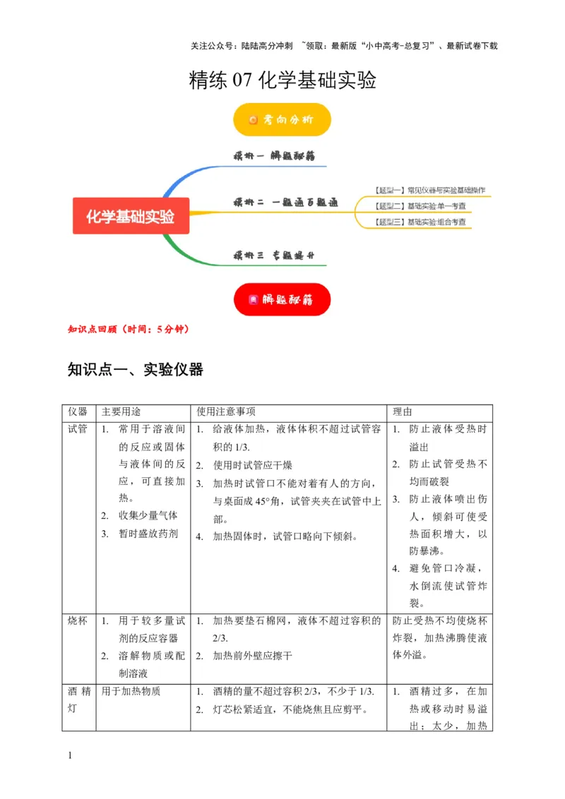 精练07化学基础实验（解析版）_02中考总复习（2026版更新中）_05-化学-中考总复习_2024年中考复习资料_二轮复习资料_2024年中考化学二轮题型突破限时精练