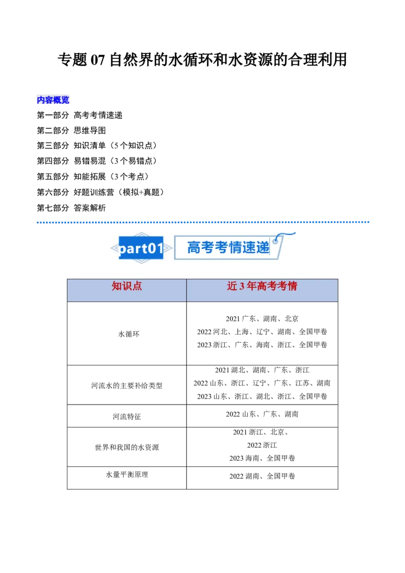 专题07自然界的水循环和水资源的合理利用-口袋书2024年高考地理一轮复习知识清单_9.2025地理总复习_2024年新高考资料_1.2024一轮复习_2024年高考地理一轮复习知识清单