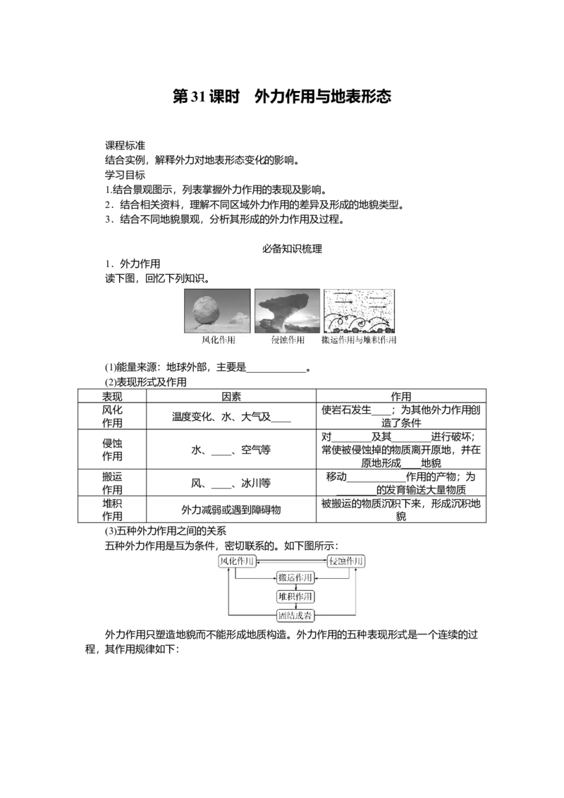 2025届高中地理人教版一轮复习第31课时导学案：外力作用与地表形态_9.2025地理总复习_2025年新高考资料_一轮复习_人教版2025届高中地理一轮复习知识梳理(课件+导学案+练习)