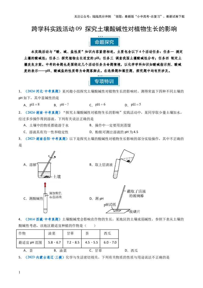 跨学科实践活动09探究土壤酸碱性对植物生长的影响（原卷版）_02中考总复习（2026版更新中）_05-化学-中考总复习_2025年中考复习资料_跨学科实践备战2025年中考化学命题专项突破